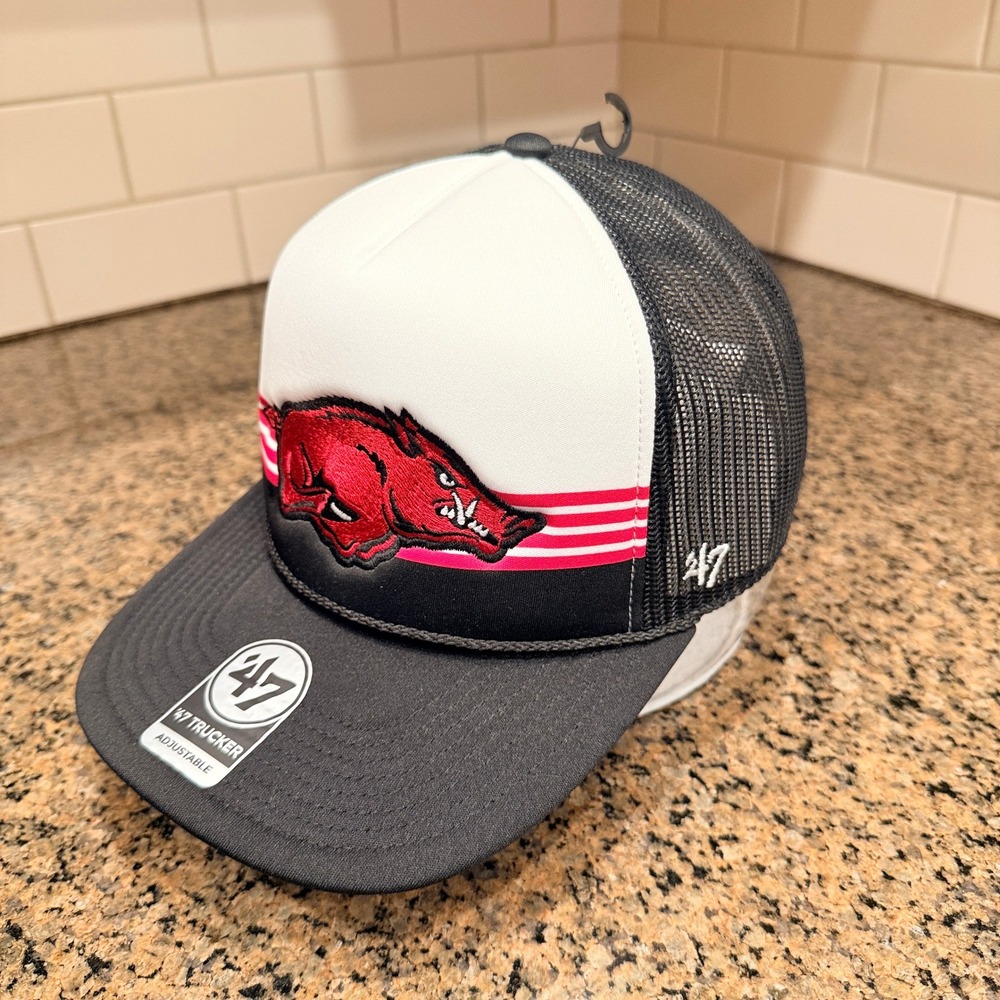 Arkansas Razorbacks '47 Brand Trucker Hat Cap Snapback Black White NEW